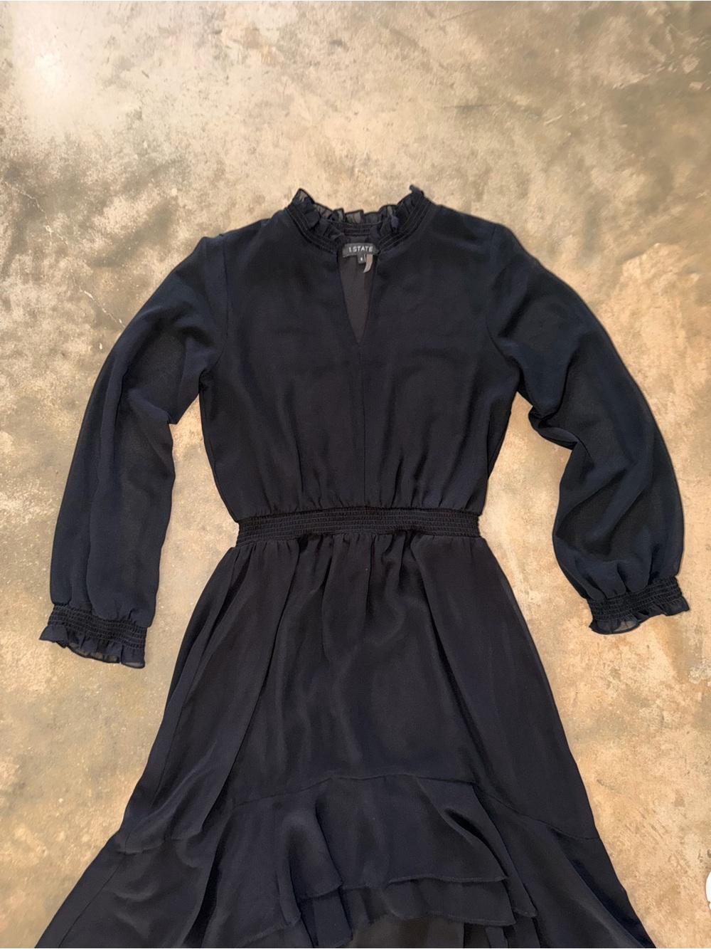 1.STATE Black High Low Ruffle Midi Maxi Dress Smocked Waist Long Sleeve S - Picture 3 of 9